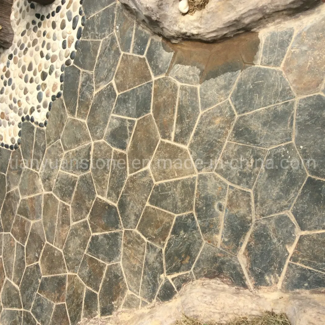 Split Irregular Black Slate Paver Mesh Mounted Flagstone Mat Floor Tiles
