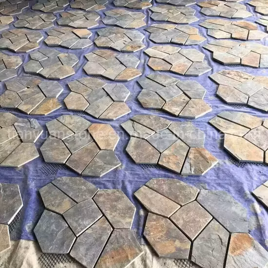 Split Irregular Black Slate Paver Mesh Mounted Flagstone Mat Floor Tiles